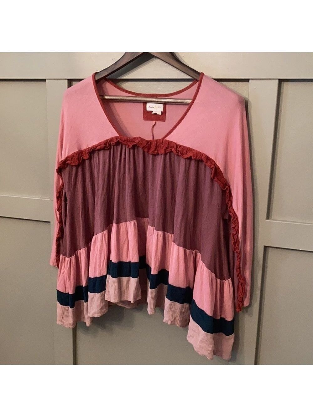 ANTHROPOLOGIE Meadow Rue Colorblock Boho Ruffle Swing Top Size Small - Picture 9 of 13